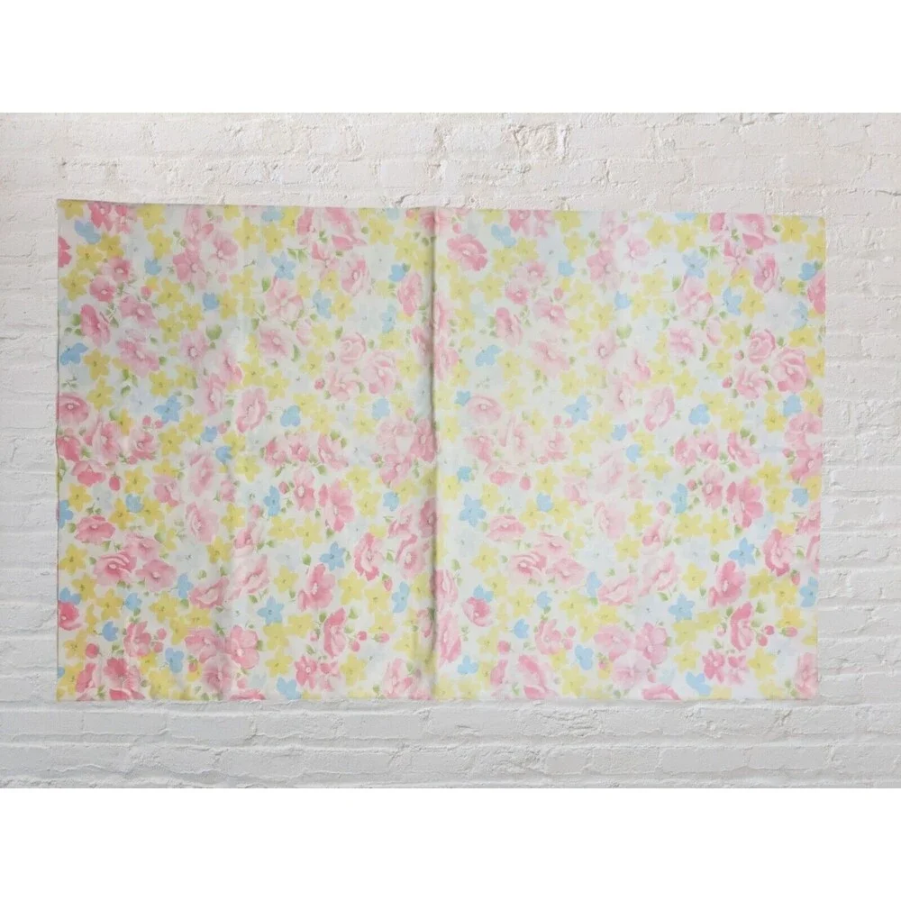 Vtg 80s Cannon Floral Set 2 Standard Pillowcases Pink Yellow Roses MCM Cottage